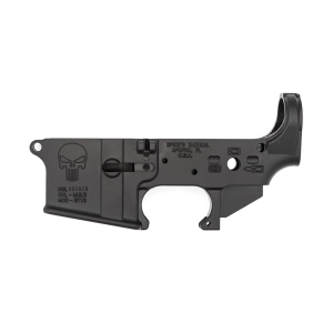 Spikes Tactical Multi-Caliber Color Filled Punisher Logo Stripped Lower Receiver, Hardcoat Anodized Black - STLS015-CFA