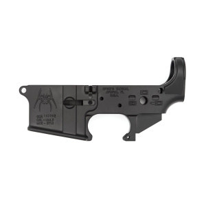 Spikes Tactical Multi-Caliber Spider Logo Stripped Lower Receiver, Hardcoat Anodized Black, Bullet Pictogram Selector - STLS019