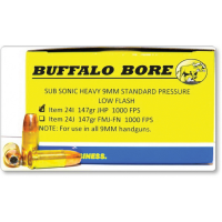 Buffalo Bore Subsonic Heavy Standard Pressure 9mm Parabellum/Luger 147 grain Jacketed Hollow Point Pistol and Handgun Ammo, 20/Box - 24I/20