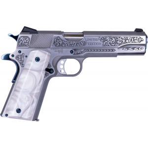 Cnc Firearms CNCTXBBQ Springfield 1911 Texas BBQ Limited Edition 45 ACP 7+1 5 Stainless Match Grade Barrel, Serrated w/Engraved Scrollwork Stainless Slide, Stainless Stainless Steel w/Nitre Blue Controls Frame, Pearlized Polymer Grip
