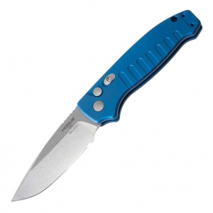 Ballista-I 3.5 Button Lock Automatic - Drop Point Blade Tumbled Finish Aluminum Frame - Matte Blue