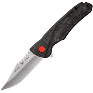 4.38 closed. 3.13 satin finish CPM S30V stainless clip point blade. Marbled carbon fiber handle. Extended tang. Pocket clip. Boxed.