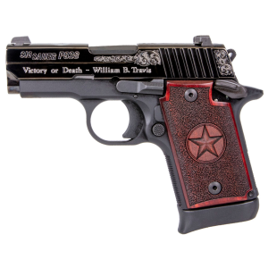 Sig Sauer P938 Texas Engraved Silver SAO 9mm Luger 3 Stainless Steel Frame Redwood Grip Pistol