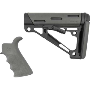 AR-15/M-16 Kit - Finger Groove Beavertail Grip and OverMolded Collapsible Buttstock - Fits Mil-Spec Buffer Tube - Grey Rubber