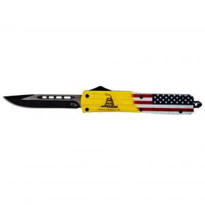 Templar Knife MDTOM331 Don't Tread on Me Slim 3.50 Drop Point Plain Black 440C Stainless Steel Red, White, Blue, Yellow Zinc Aluminum Alloy Handle OTF
