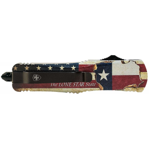 Templar Knife LTX-631 Texan  3.50 Drop Point Part Serrated Black 440C Stainless Steel Texas Flag Zinc Aluminum Alloy Handle OTF