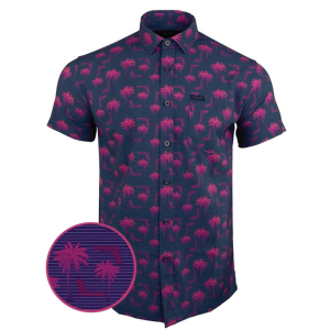 Retro Rifle Rising Palm Fuschia / Blue Button Down Hawaiian Shirt - 2XL