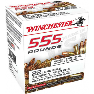 Winchester Ammo 22LR555HP USA  22 LR 36 gr Copper Plated Hollow Point (CPHP) 555 Can/ 10 Cs