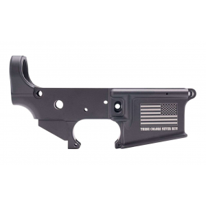 Anderson AM-15 Forged Stripped AR15 Lower Receiver - Black | Flag & These Colors Never Run Slogan | Retail Packaging