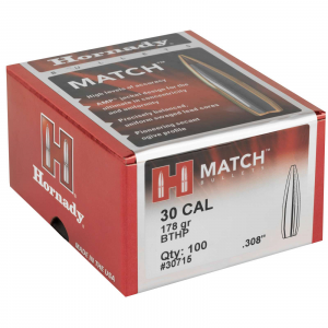 Hornady 30715 Match  30 Cal .308 178 gr Boat Tail Hollow Point Match 100 Per Box