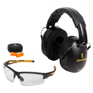Browning Range Kit Plastic 27/31 dB Over the Head Black Ear Cups w/Black Band & Yellow Buckmark Logo Muffs, Orange Lens w/Black Frame Glasses, Orange Ear Buds