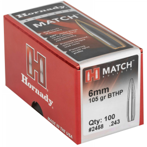 Hornady 2458 Match  6mm .243 105 gr Boat Tail Hollow Point Match 100 Per Box