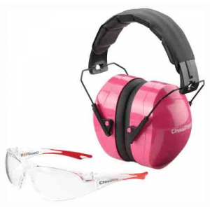 Champion Targets 40624 Eyes And Ears Combo 26 dB Pink Ear Cups w/Black Band  Muffs, Clear Leans Glasses