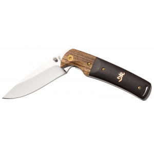 Browning Buckmark Hunter 3 Drop Point Plain Mirror 8CR14MoV SS, Black/Hardwood Finger Groove Handle Folding Knife