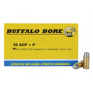 Buffalo Bore Ammunition 30A/20 Pistol  32 ACP +P 75 gr Hard Cast Flat Nose (HCFN) 20 Bx/ 12 Cs