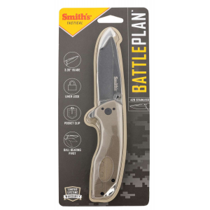 Smiths Products 50995 BattlePlan 3.35 Folding Drop Point Plain Black Stonewashed 400 SS Blade/ Desert Tan G10 Handle Includes Pocket Clip