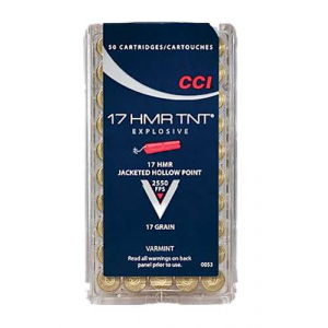 CCI 0053 Varmint TNT 17 HMR 17 gr Jacketed Hollow Point (JHP) Rimfire Ammunition  50 rd Box
