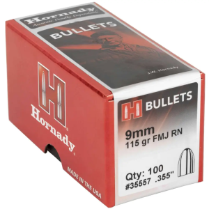 Hornady 35557 FMJ Handgun 9mm .355 115 gr Full Metal Jacket Round Nose (FMJRN) 100 Per Box