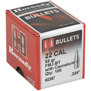 Hornady 2267 Traditional Rifle .22 Cal .224 55 gr Full Metal Jacket Boat Tail (FMJBT) 100 Per Box