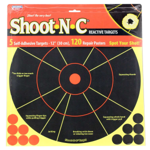 Birchwood Casey 34032 Shoot-N-C Handgun Trainer Self-Adhesive Paper 12 Circle Yellow Target Paper w/Black Target & Red Accents 5 Per Pack