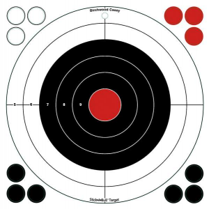 Birchwood Casey 33912 Stick-A-Bull  Self-Adhesive Paper 12 Bullseye White Target Paper w/Black Target & Red Accents 5 Per Pack