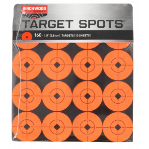 Birchwood Casey 33904 Target Spots  Self-Adhesive Paper 1.50 Bullseye Black Target Paper w/Orange Target 16 Per Page, 10 Pages Per Pack