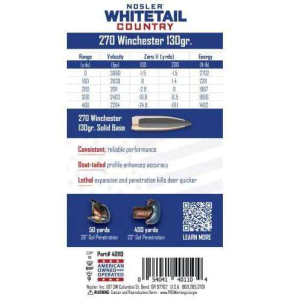 Nosler 40110 Whitetail Country 270Win 130gr Spitzer Boat Tail 20 Per Box/10 Case