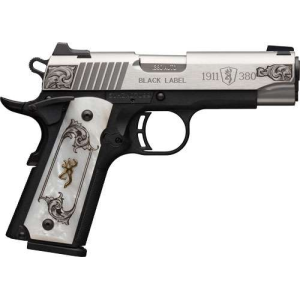 Browning 051967492 1911-380 Medallion Compact 380 ACP 3.63 Stainless 8+1 Matte Black White Pearl Engraved Grip