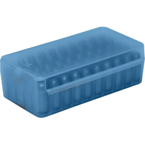 MTM P50SS9M24 Side-Slide Ammo Box Pistol 9mm,30 Luger,32 S&W,380 ACP,9mm Makarov 50 Rounds Clear Blue Plastic