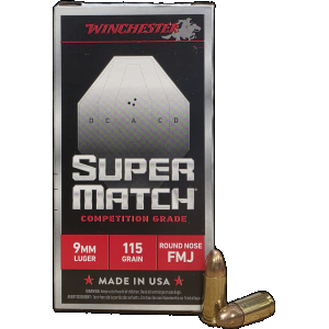 9mm Ammo - Winchester Super Match Luger FMJ Competition Ammo RN Winchester Super Match Luger FMJ Competition RN Ammo
