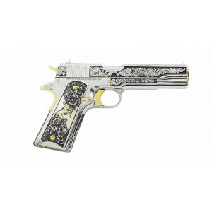 Colt 1911 Government 5 9 Round 38 Super Scroll Design w Diamonds Chrome Finish 24k Gold Plated Accents Pistol