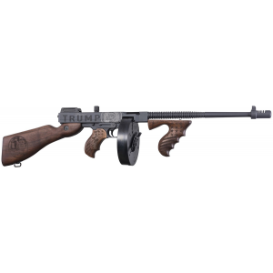 Thompson T1-14-50DC2 1927A-1 Deluxe 45 ACP 16.50 20+1 (Stick), 50+1 (Drum), Trump Save America Engraved, Sniper Gray/Black Finish, American Walnut Furniture, Compensator