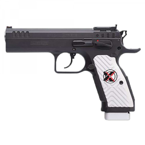 Tanfoglio IFG TF-STOCK2X-9 Stock II Xtreme 9mm Luger Caliber with 4.44 Barrel, Overall Black Finish, Beavertail Frame, Serrated Steel Slide & White Polymer Grip