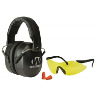 Walkers GWPFM3GFP EXT Range Shooting Muff Combo Pack Polymer 30 dB Over the Head Black Ear Cups w/Black Band Muffs, Orange 31 dB Earplugs, Yellow Lens w/Black Frame Glasses