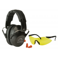 Walkers GWPFPM1GFP Passive Pro Safety Combo Kit 31 db Over the Head Black Ear Cups w/Black Band Muffs, Orange 31 dB Foam Earplugs, Yellow Lens w/Black Frame Glasses