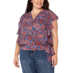 Women's Liverpool Los Angeles Draped Front Woven Blouse 1X Blue Pink
