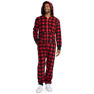 Men's Tipsy Elves Buffalo Plaid Onesie Pajamas Small Red Black