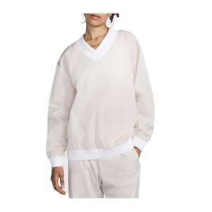 Women's Nike Sportswear Essential UV Woven Long-Sleeve V-Neck Top Crewneck Sweatshirt Large Lt Orewood Brn/White