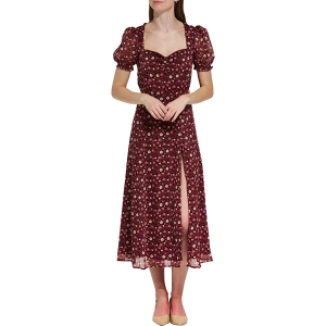 Women's DRESS FORUM Floral Puff Sleeve Midi Dress Medium Burgandy