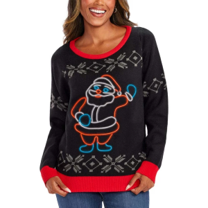 Women's Tipsy Elves Pullover Sweater Ho Ho Hello Neon LED Light Up Ugly Christmas Medium Black