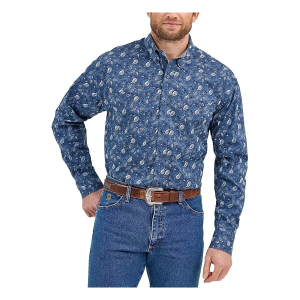 Men's Wrangler George Strait Two Pocket Long Sleeve Button Up Shirt Large Berry Blue Paisley