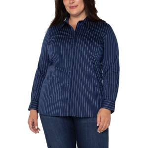 Women's Liverpool Los Angeles Classic Fit Poplin Long Sleeve Button Up Shirt 2X Navy White