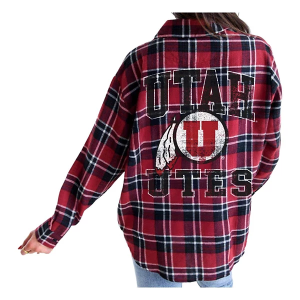 Utah Utes Gameday Social Women's Meyer Plaid Button Up Small Red/Black