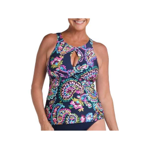Women's 24th & Ocean Paisley Twist Front Keyhole Swim Tankini Misses Medium Midnight
