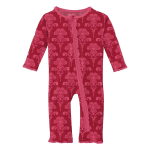 Kickee Pants Muffin Ruffle Coverall Romper Baby 12/18 mo. Crimson Damask