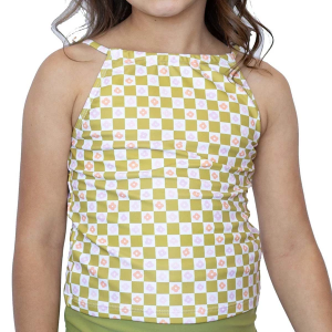 Girls' Janela Bay High Neck Crop Swim Tankini 6/7 Lovebird Green Checker Floral
