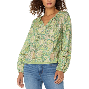 Women's Liverpool Los Angeles Shirred Woven Long Sleeve Blouse Medium Green Pink