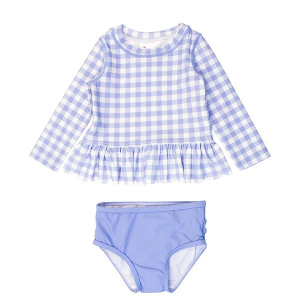 Girls' RuffleButts Long Sleeve Rash Guard Swim Tankini Set Toddler 4T Periwinkle Blue Gingham