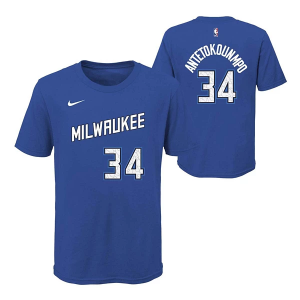 Kids' Milwaukee Bucks Giannis Antetokounmpo #34 City Edition Name & Number Nike T-Shirt Large Royal