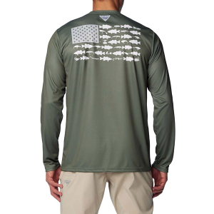 Men's Columbia PFG Terminal Tackle Fish Flag Long Sleeve T-Shirt XLarge Cypress/Cool Grey Bass